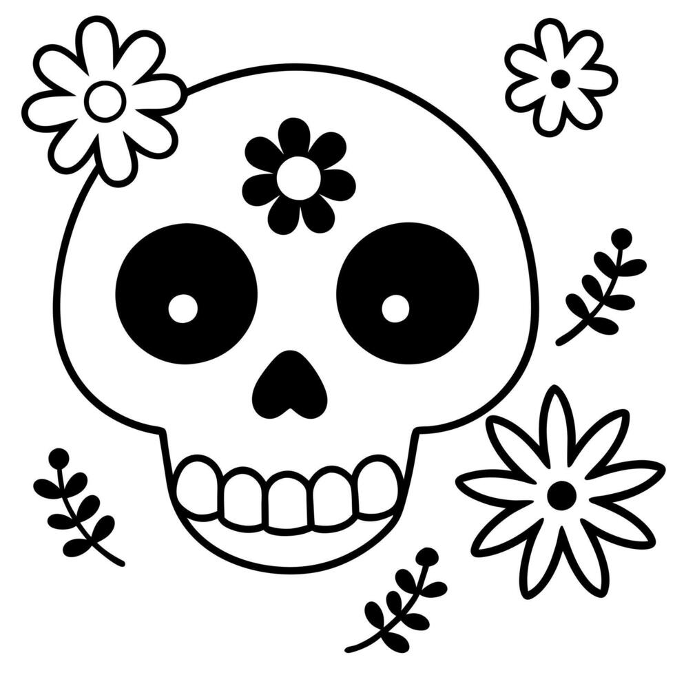 skull from the side, happy with flowers, illustration line art vector