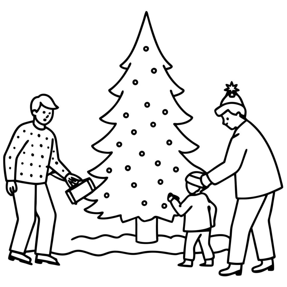 draw a christmas tree farm with a family picking out their tree, illustration line art vector