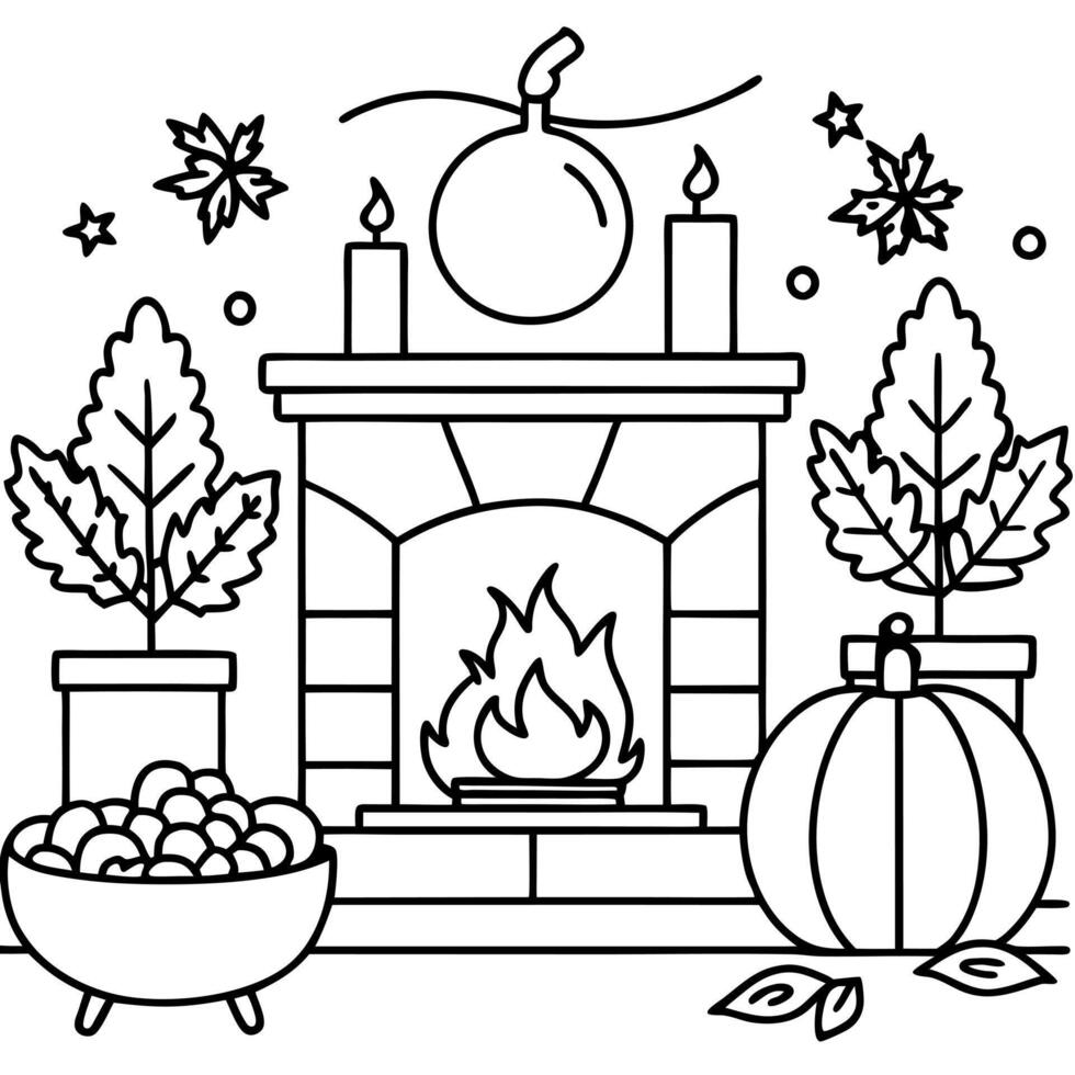 a cozy living room with a fireplace and autumn decorations, illustration line art vector