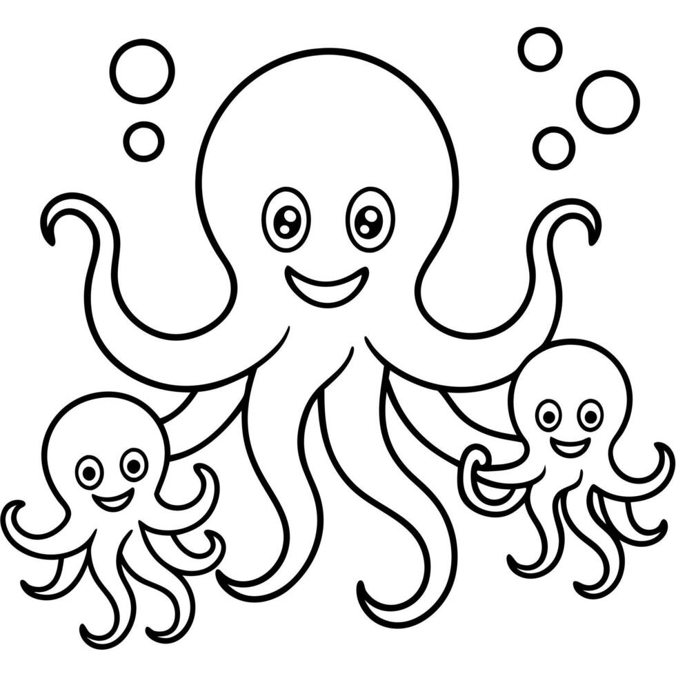 happy octopus family under water, illustration line art vector
