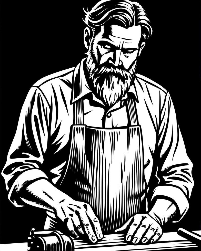 a courageous caucasian man with a beard, wearing a shirt and a leather apron, standing at a table vector