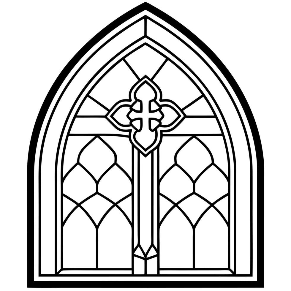medieval church stained glass window, smooth lines and curves, with cross, illustration line vector