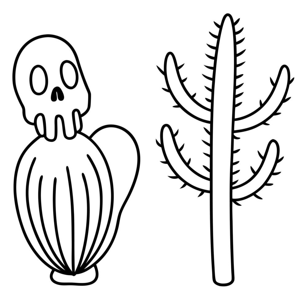 cactus and a cactus skeleton outline, illustration line art vector