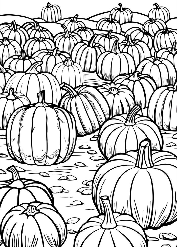 a scene of a lively pumpkin patch with pumpkins of all shapes and sizes scattered around, some vector