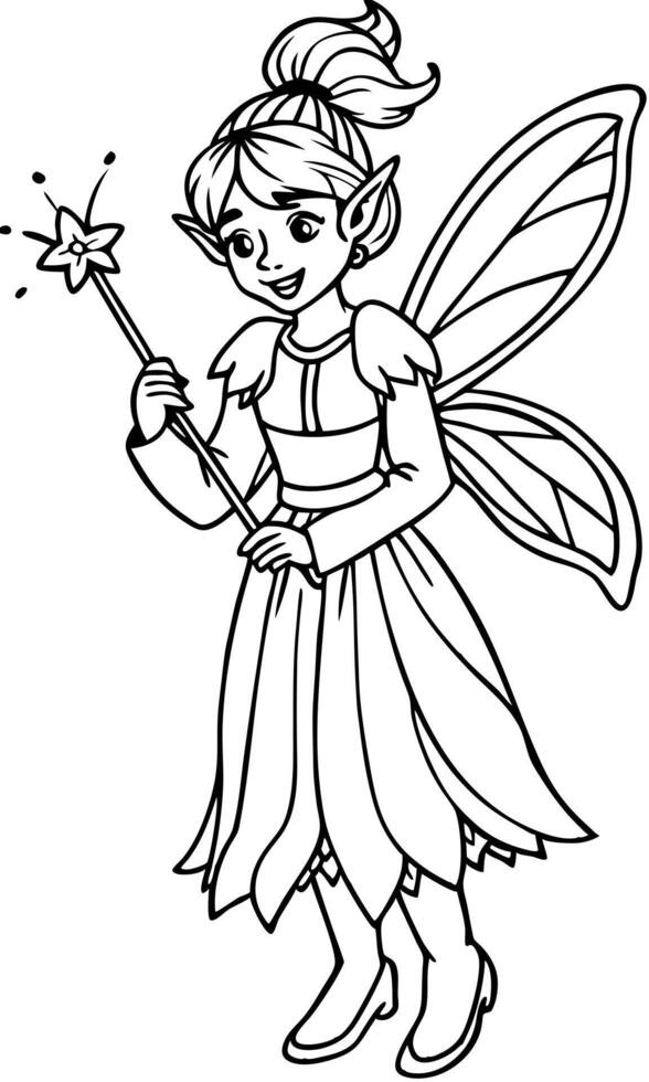 a fairy learning to use magic wands, illustration line art vector