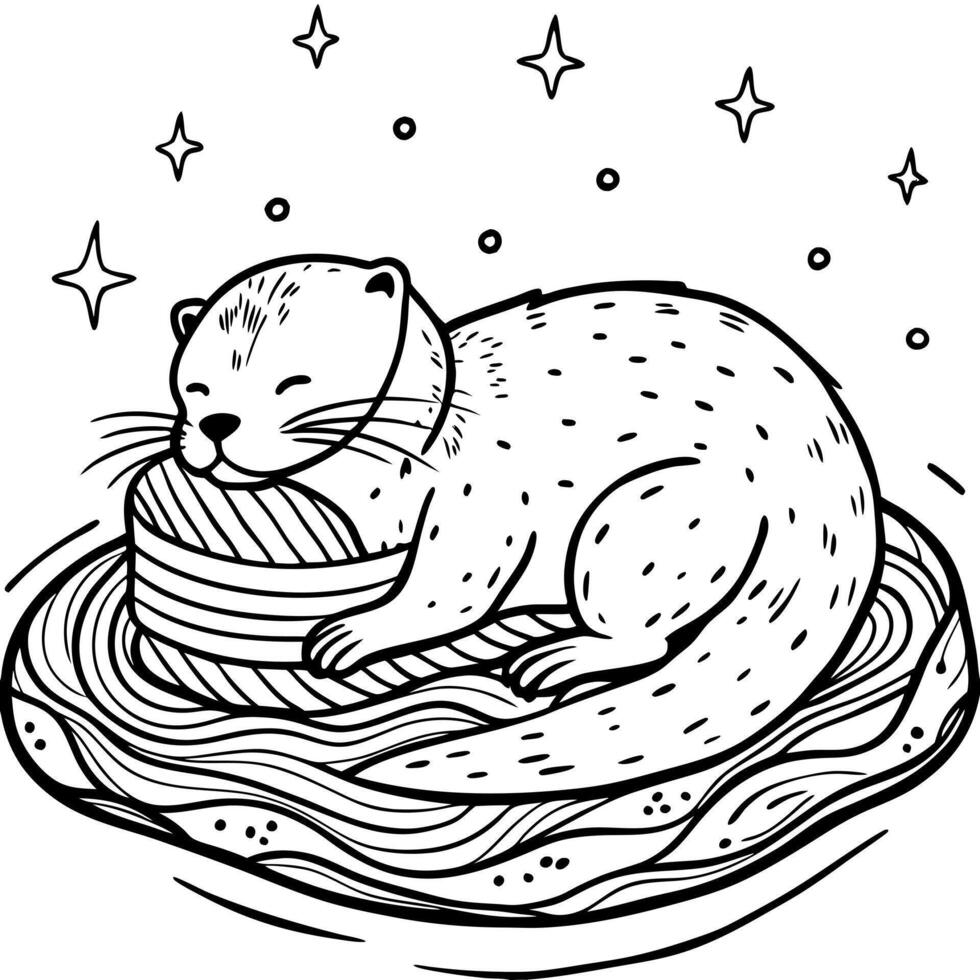 a sleepy otter floating in a peaceful pond under the moonlight, wrapped in a cozy blanket, with vector