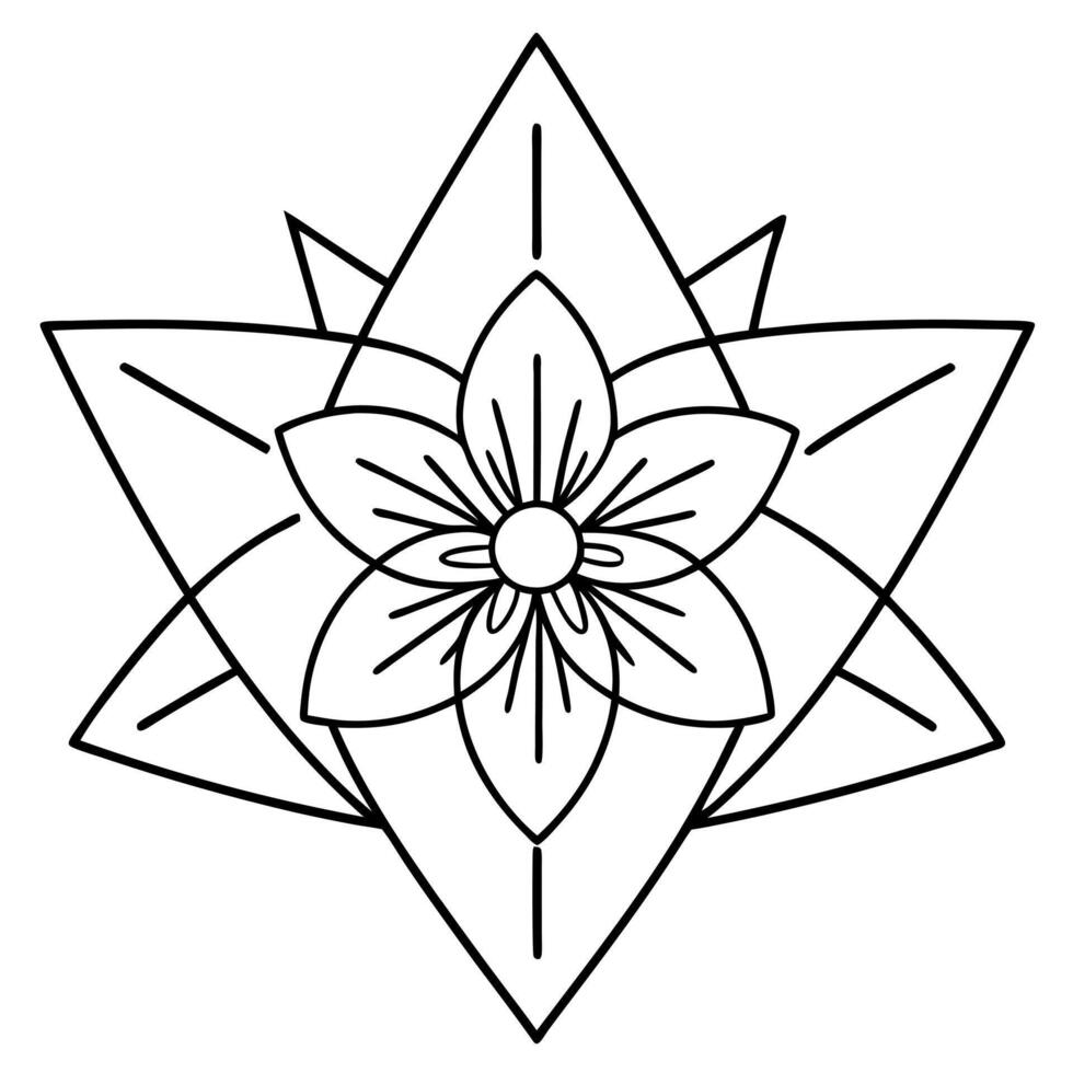 bold line art, a clematis flower in the middle, with spirals, triangles, and symmetrical patterns, vector