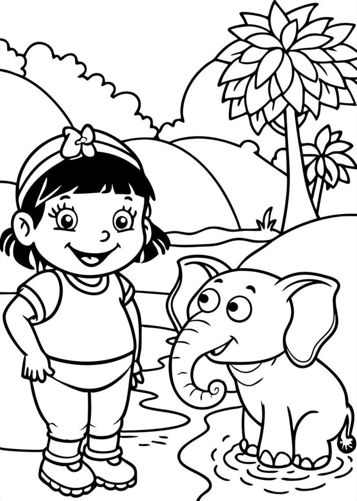 dora the explorer with elephant on the river, illustration line art vector