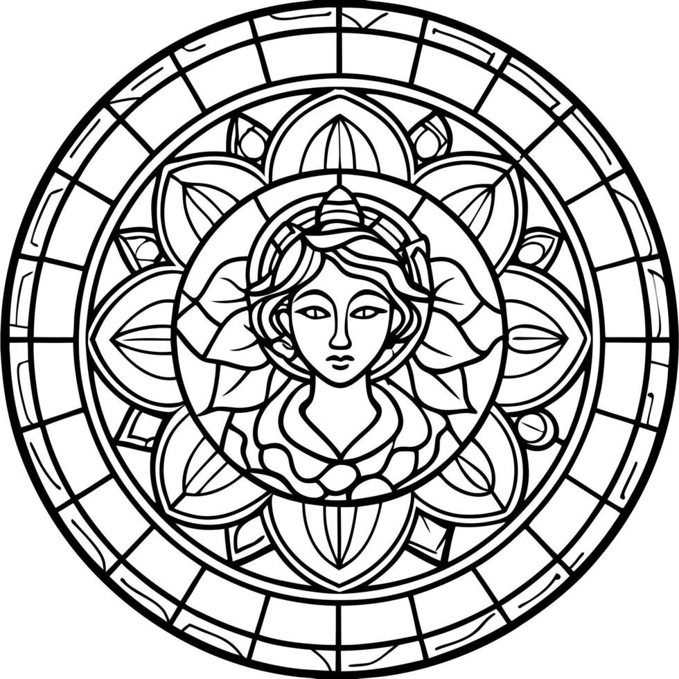 detalled stained glass rose window, virgo, illustration line art vector