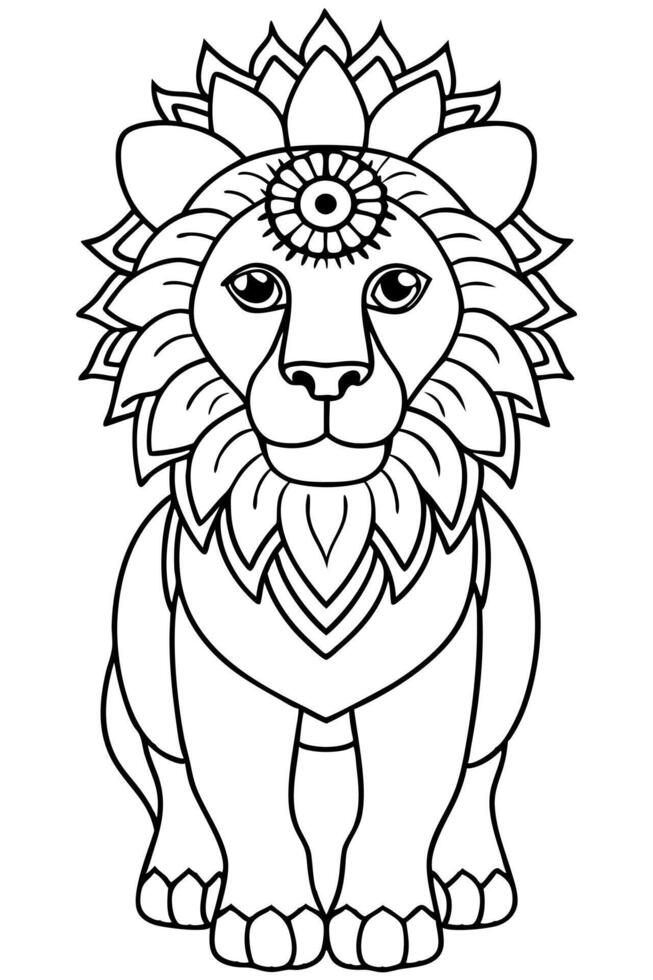 a coloring page of an lion with mandala patterns on its head and body, with no color just black vector