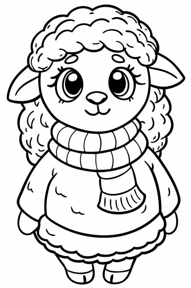 anime style, more details, well-drawn, cute a sheep in a sweater, knitting a scarf, vector