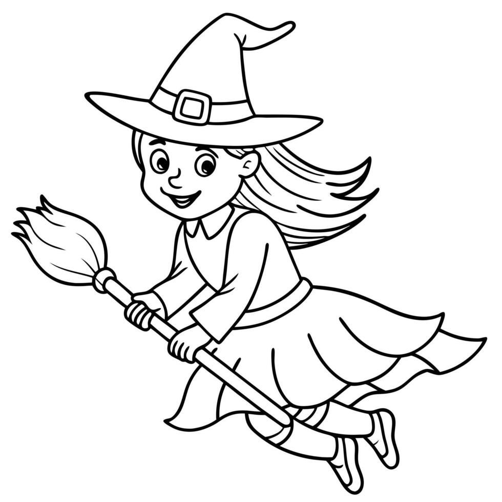 coloring pages halloween a witch flying on a broomstick with her hat blowing in the wind, vector