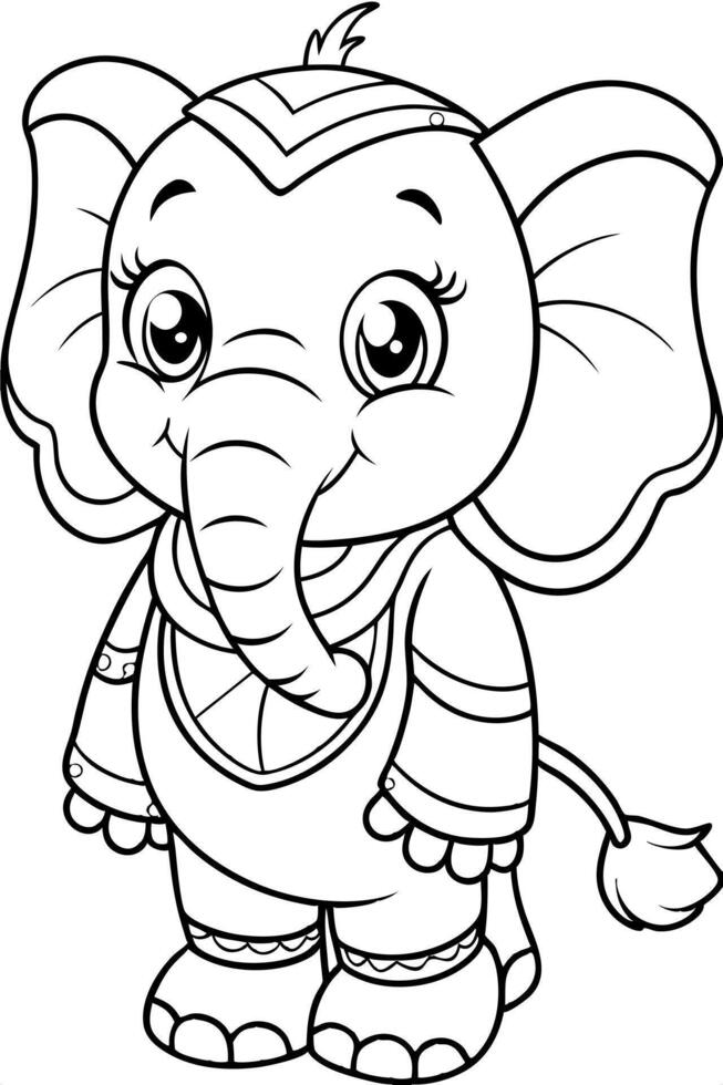 a coloring book page about a cute epephant, illustration line art vector
