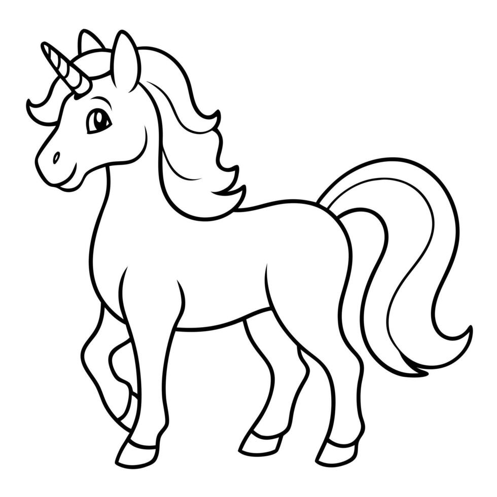 a friendly beautiful unicorn with a flowing mane , black outline on white background for kids vector
