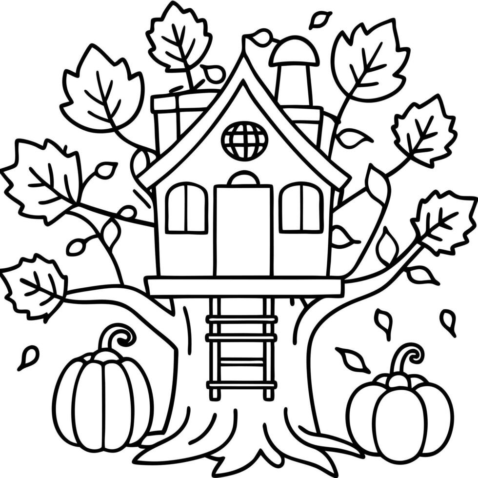 a whimsical treehouse decorated with pumpkins and autumn leaves, illustration line art vector