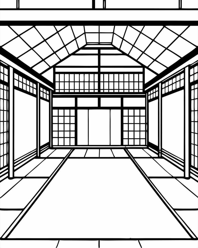 realistic, japanese-style, empty martial arts hall, from the inside, illustration line art vector