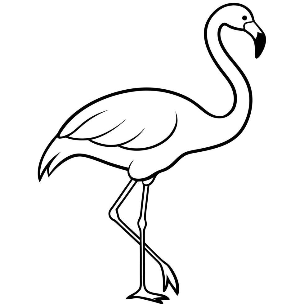 a graceful silhouette of a flamingo standing on one leg black and white, illustration line vector