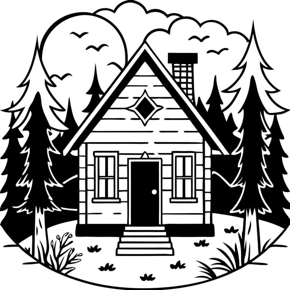 creepy cabin in the woods, illustration of a haunted house, illustration line art vector