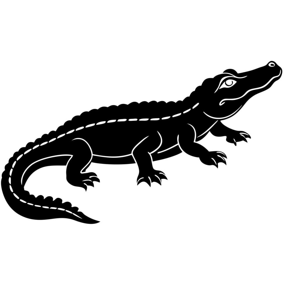 black alligator silhouette illustration, solid white background, illustration line vector