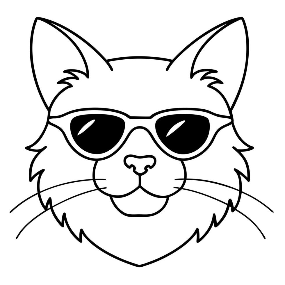 cat head is wearing a sunglass, white background, illustration line art vector