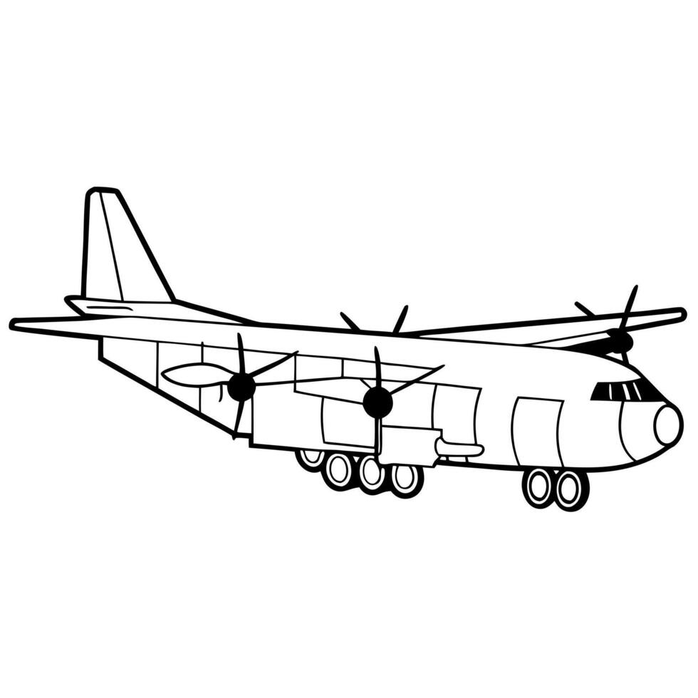 a silhouette of a military transport aircraft with large wings and cargo doors, on a white vector