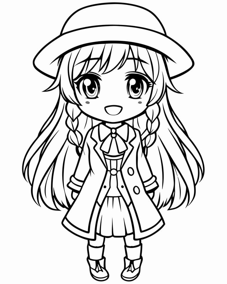 anime cute chibi style, kid, long hair, full-length, a princess, wearing a coat and hat in a fall vector