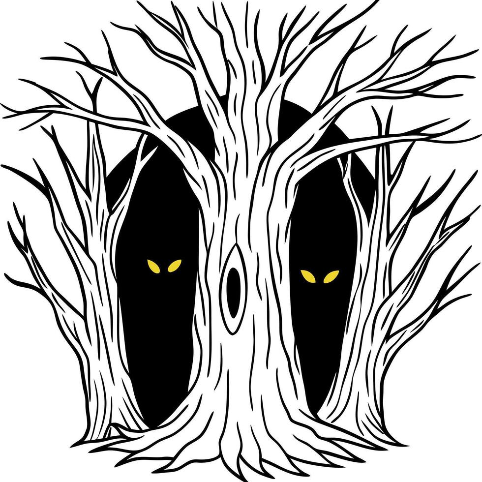 a dark forest with a pair of glowing eyes staring out from a hollow tree fantasy concept , vector