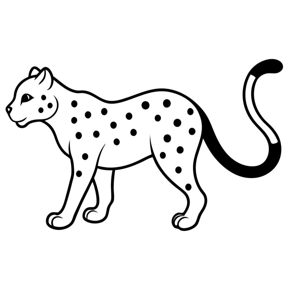 black and white silhouette leopard with a long tail and black spots on its body lustration, vector
