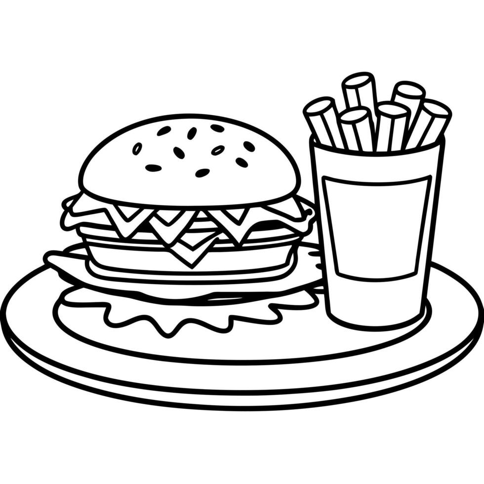 a large hamburger with lettuce and pickles on top of a black plate the burger is surrounded by a vector