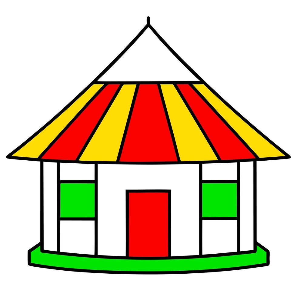a village hut drawing use red, green, yellow, color, illustration line art vector