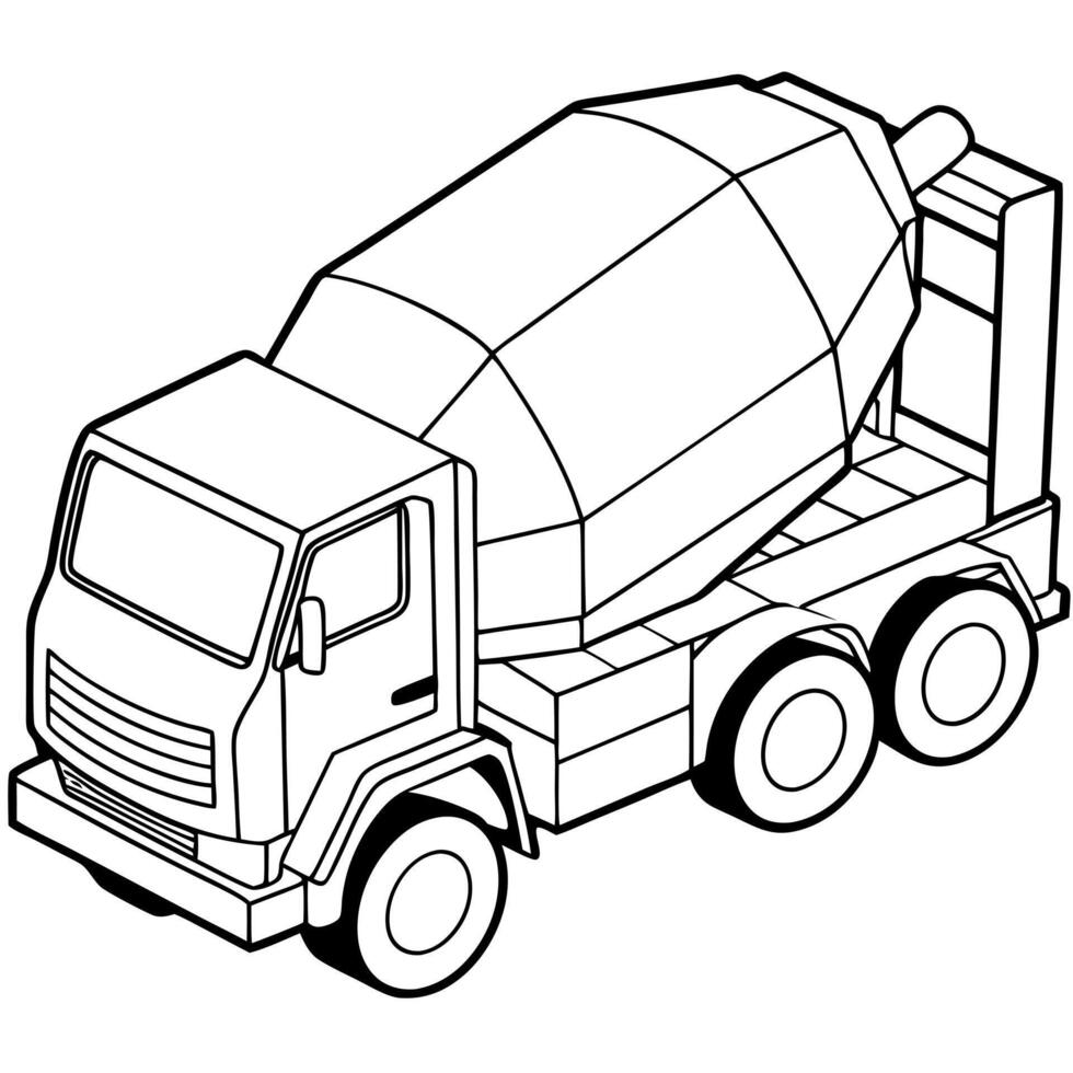 a concrete mixer truck in 3d with depth and more fine linesr, illustration line art vector