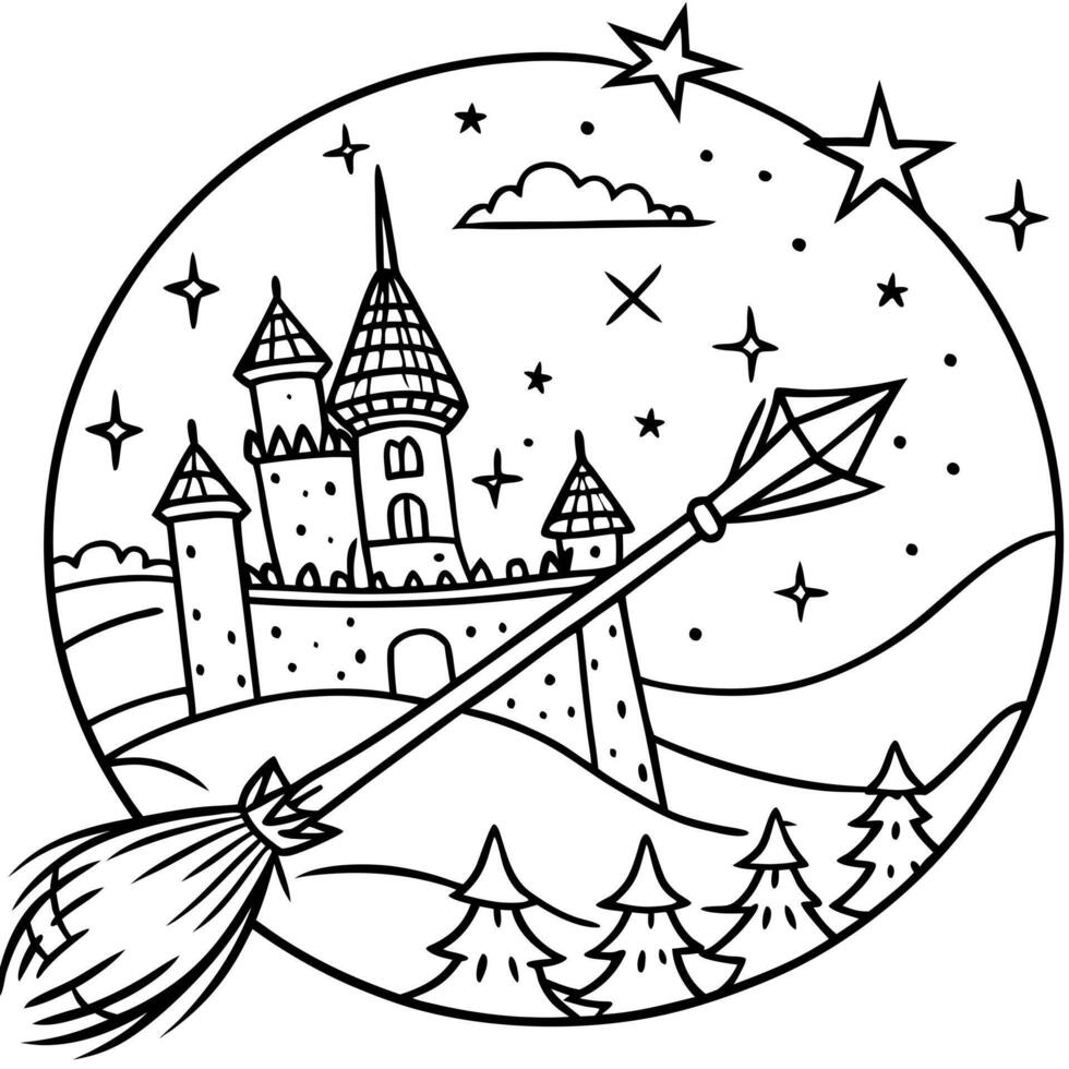 a magic broomstick flying by a glowing castle in the distance, illustration line art vector