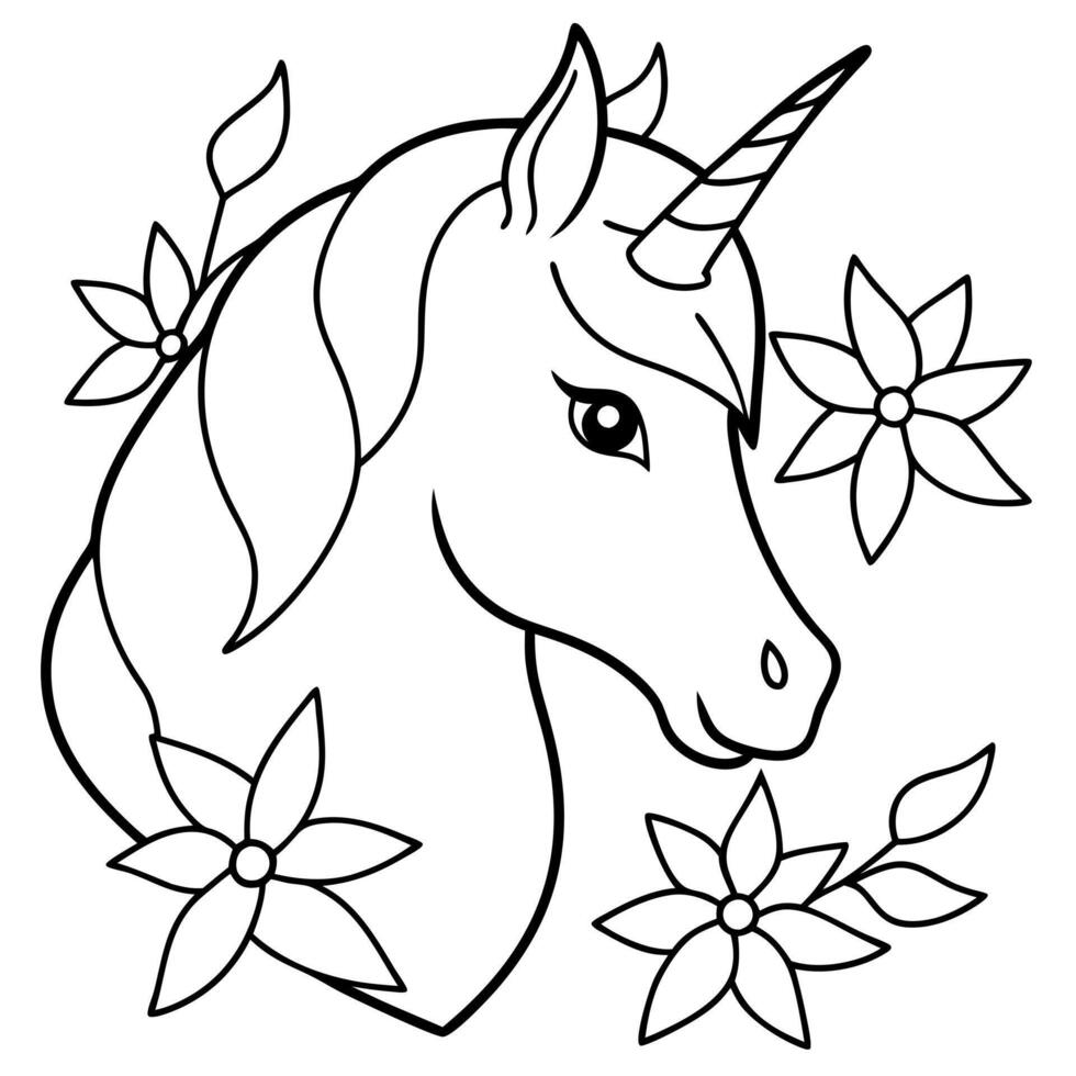 a simple outline of a unicorns head in profile, with a sleek mane and a gracefully curved horn the vector