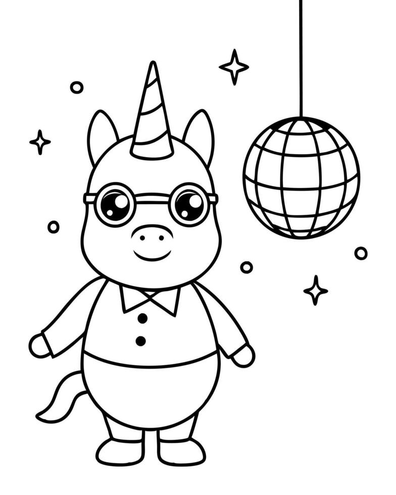 a cute unicorn dressed up for a party, with a hat, glasses and funny clothes, in a hall with a vector