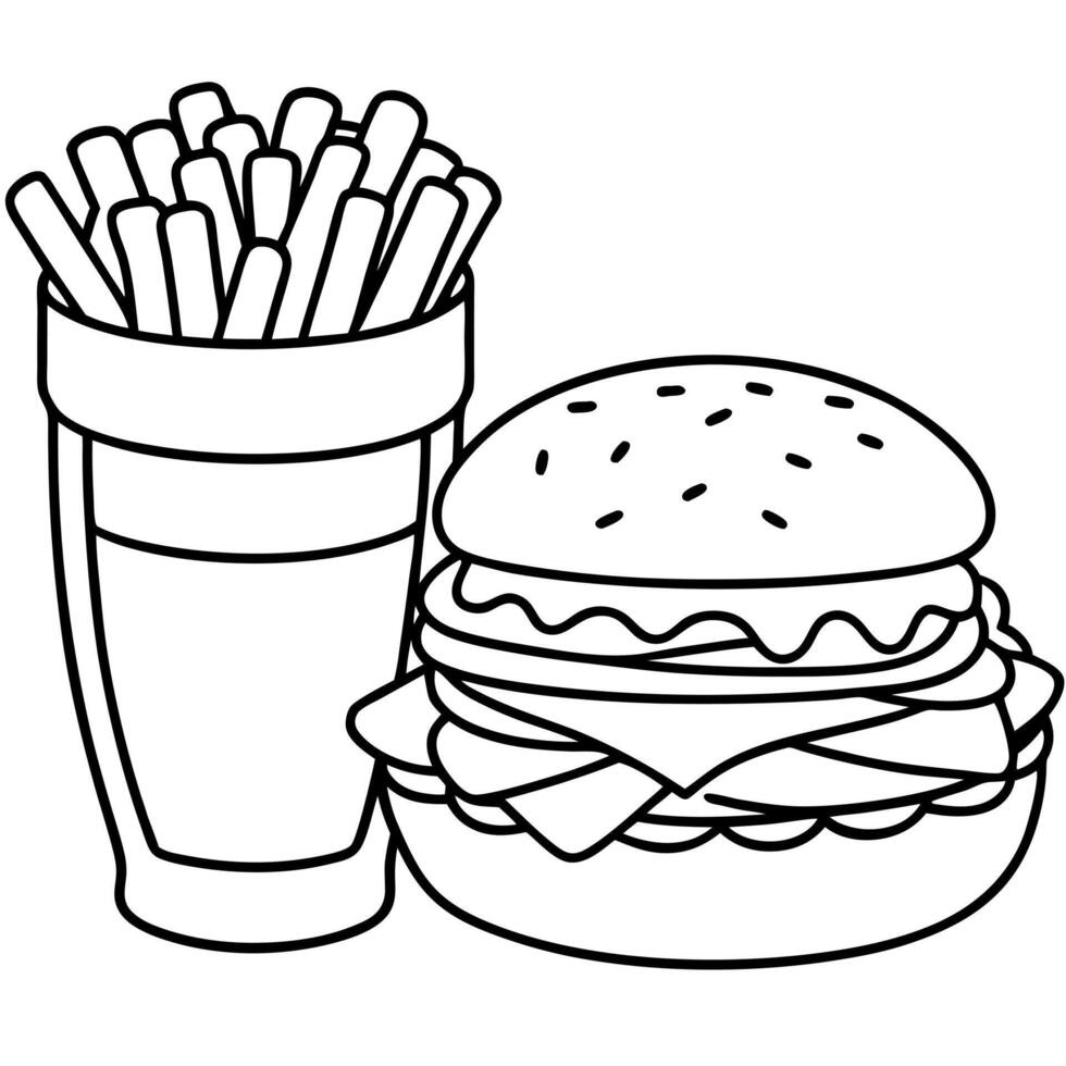 bacon cheeseburger on toasted pretzel bun served with fries and beer shot with selective focus, vector