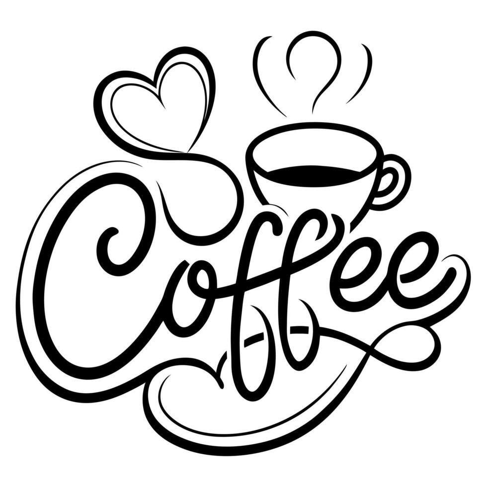typhographi calligraphy design coffee with a cup of coffee love shape white background, vector