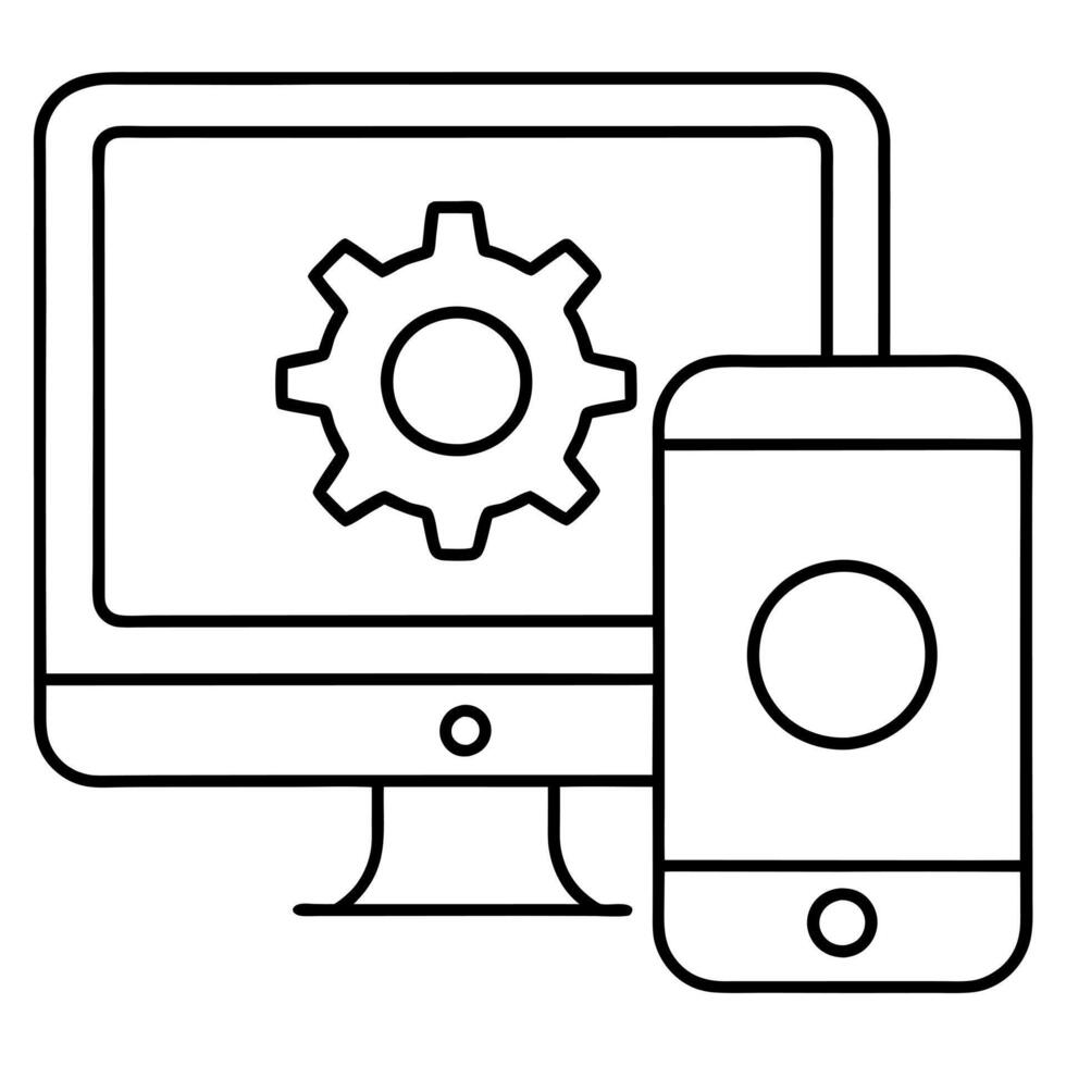 a computer monitor and iphone with a settings gear on top, illustration line art vector