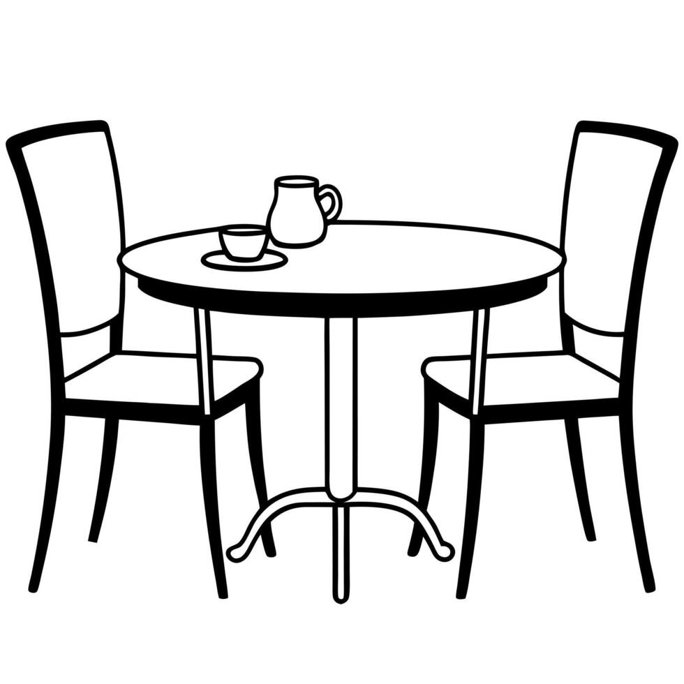 dining table set with some chairs black and white white background, illustration line art vector