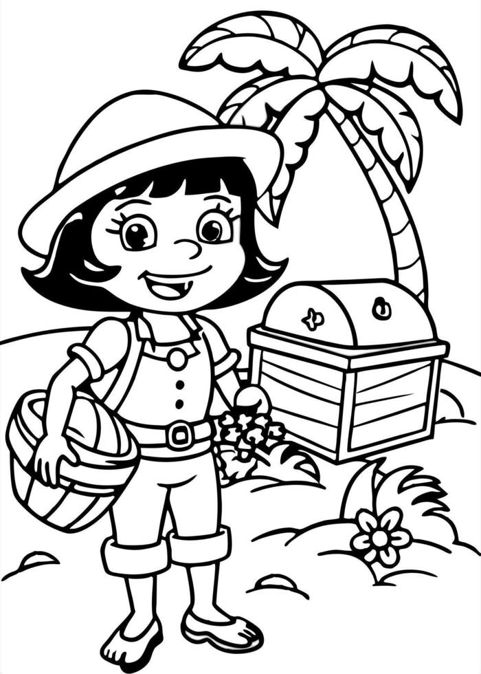 dora the explorer with treasure box at the beach, illustration line art vector