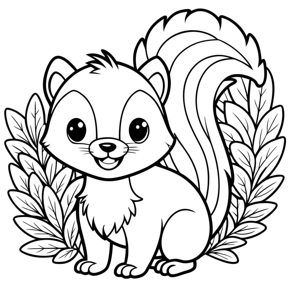 chibi cute kawaii happy baby skunk in the forest, coloring pages for kids, cozy coloring pages, vector