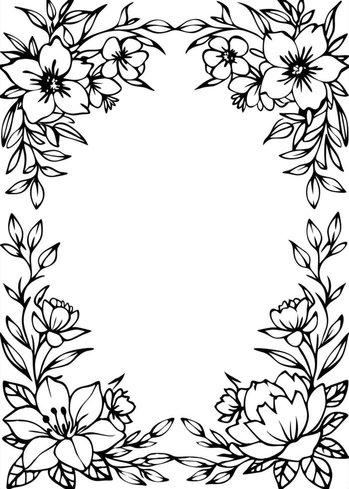 perimeter frame of floral and vegetal motifs, many very little field flowers, leaves, branches, vector