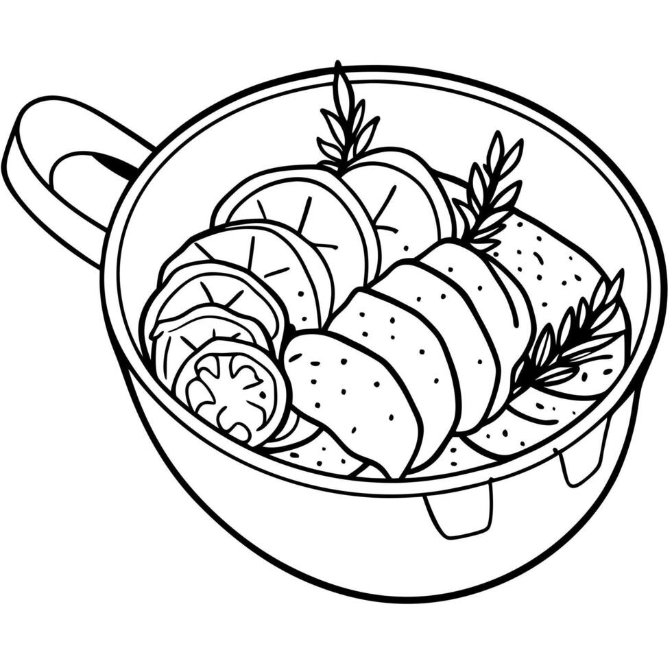 a close up of sliced homemade hot pork tenderloin in a pan with herbs and spices, vector