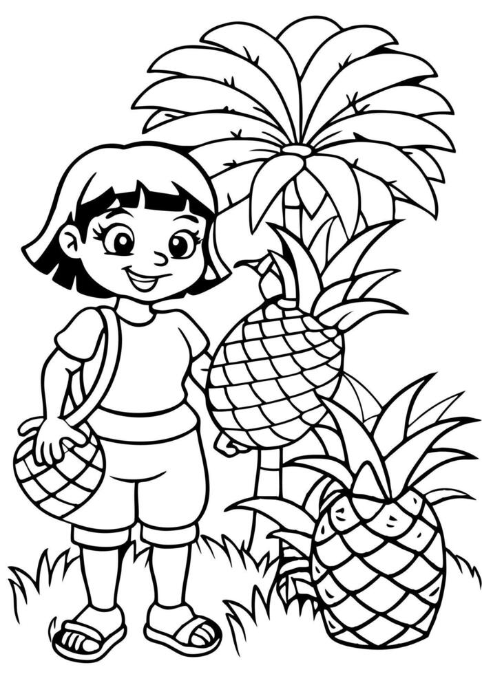 dora the explorer with giant pineapple in the jungle, illustration line art vector