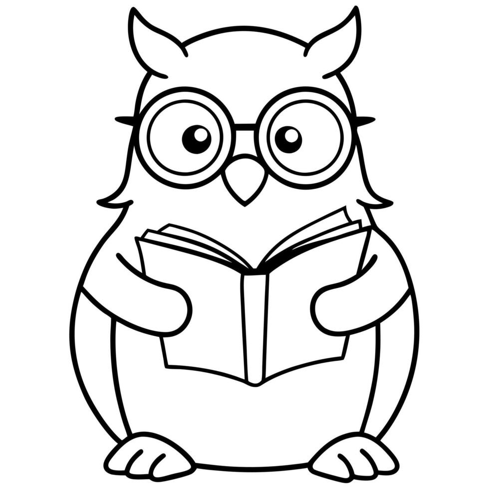 an owl with glasses reading a book, illustration line art vector