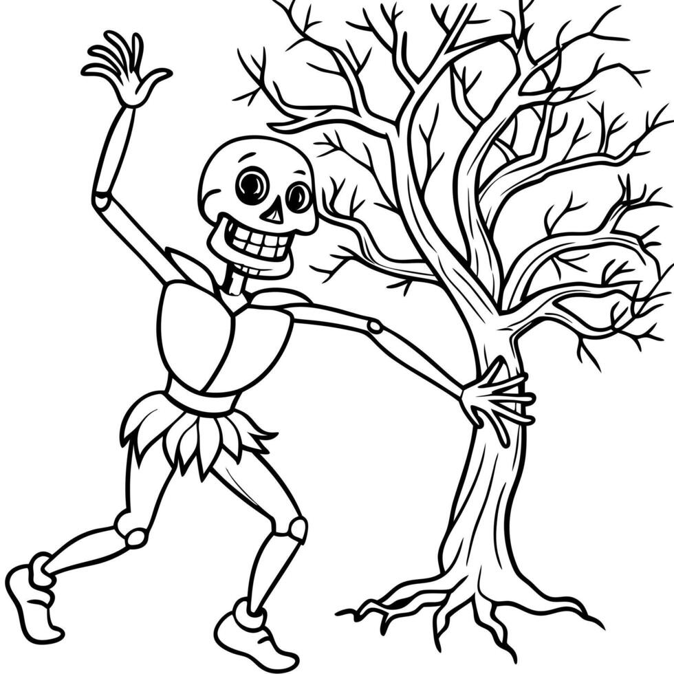 a mischievous skeleton dancing under a creepy tree, illustration line art vector