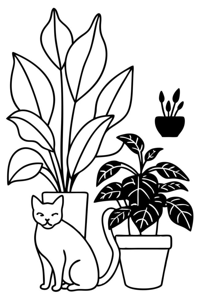 a collage of plants and a cat, illustration line art vector
