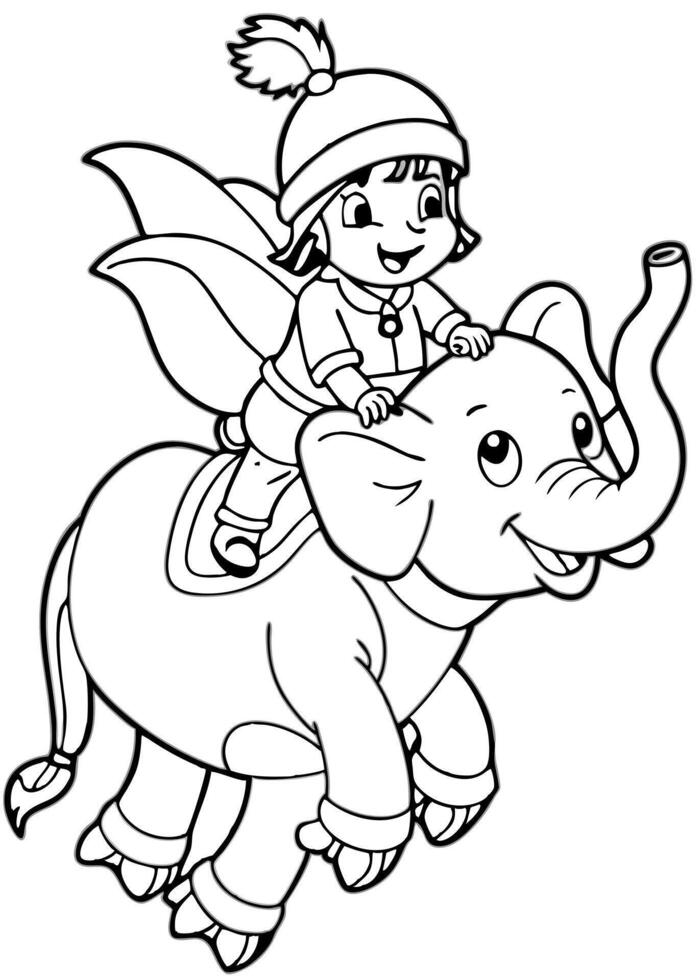 dora the explorer riding flying elephant, illustration line art vector