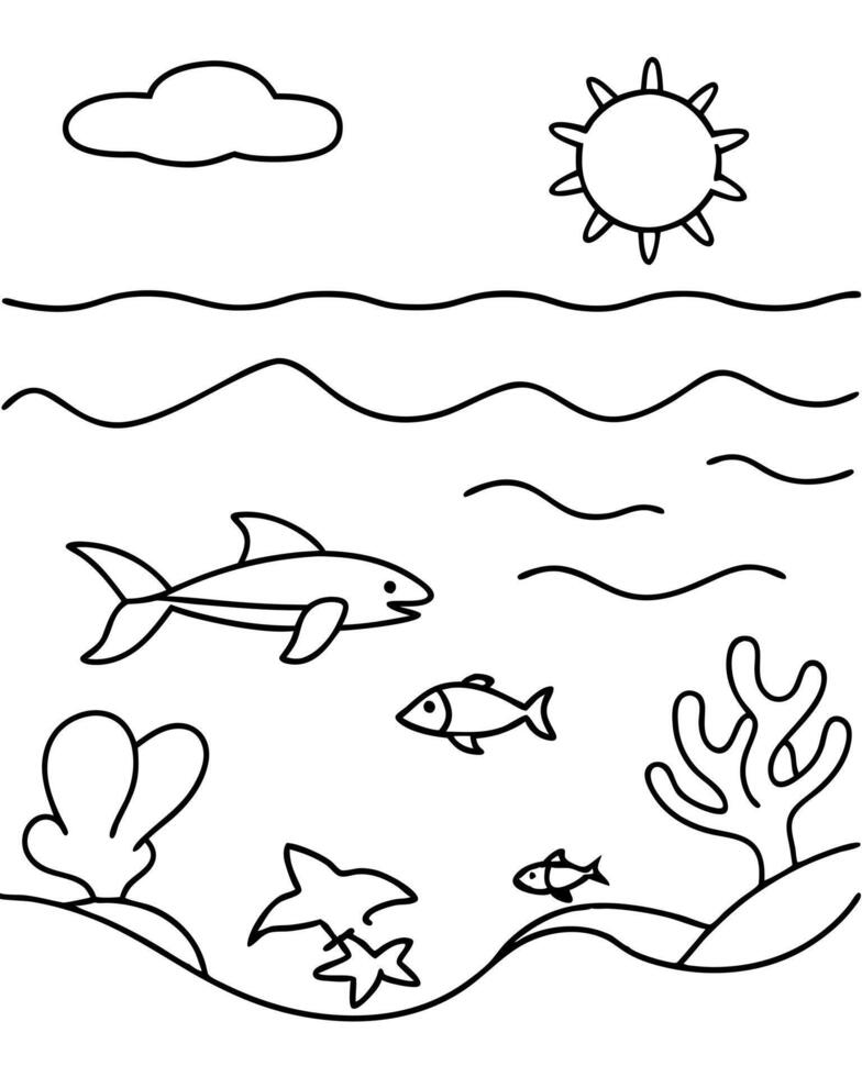 a coloring page of an ocean swimming with no color just black lines, illustration line art vector