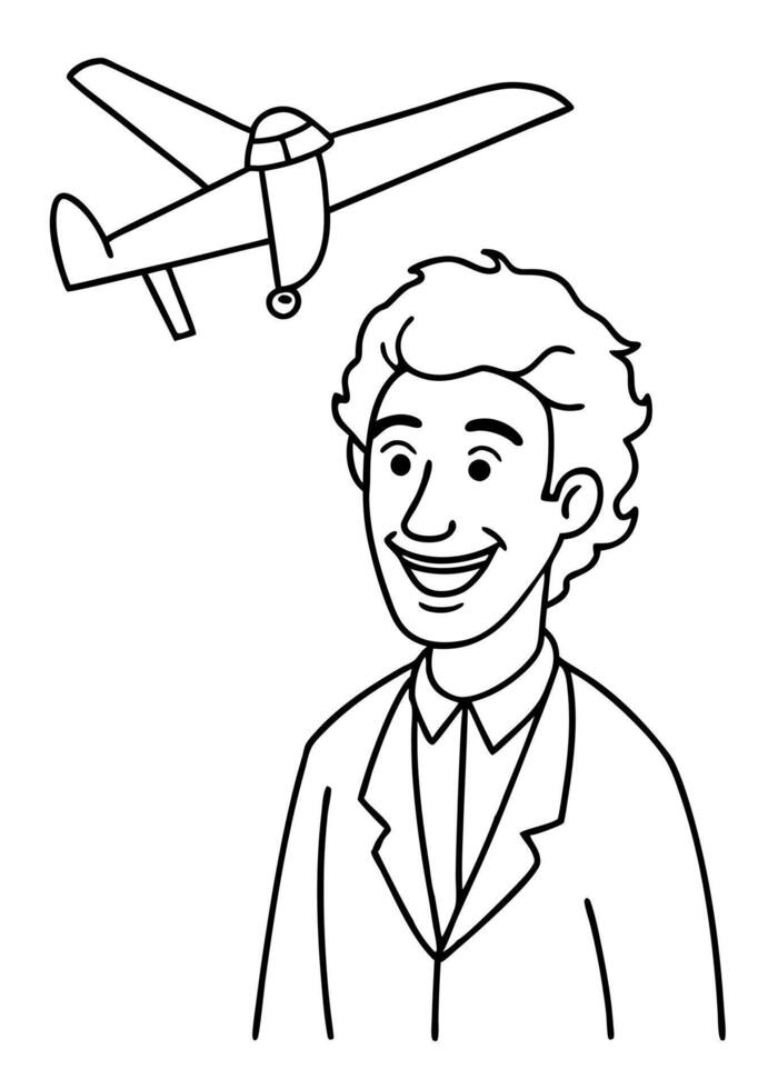 a man scientist is smiling and looking at launching glider plane, illustration line art vector