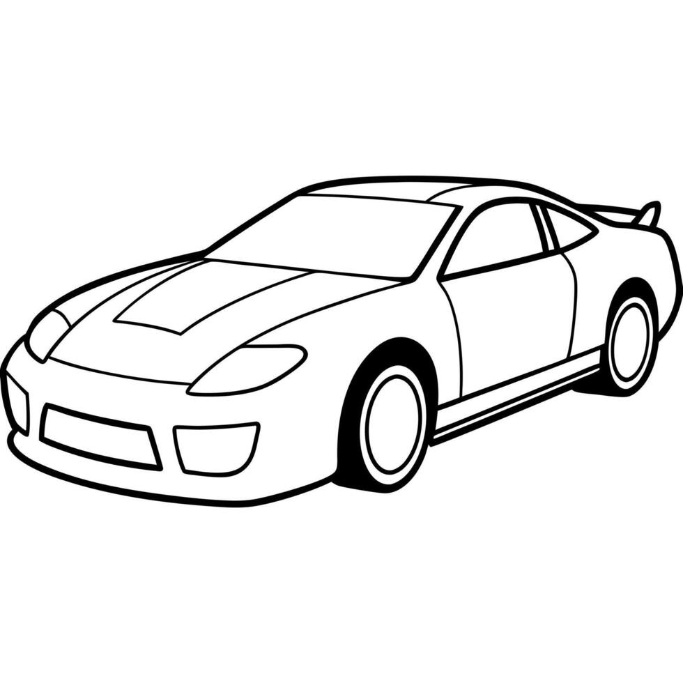 a black and white drawing of a race car, solid white color background, illustration line art vector